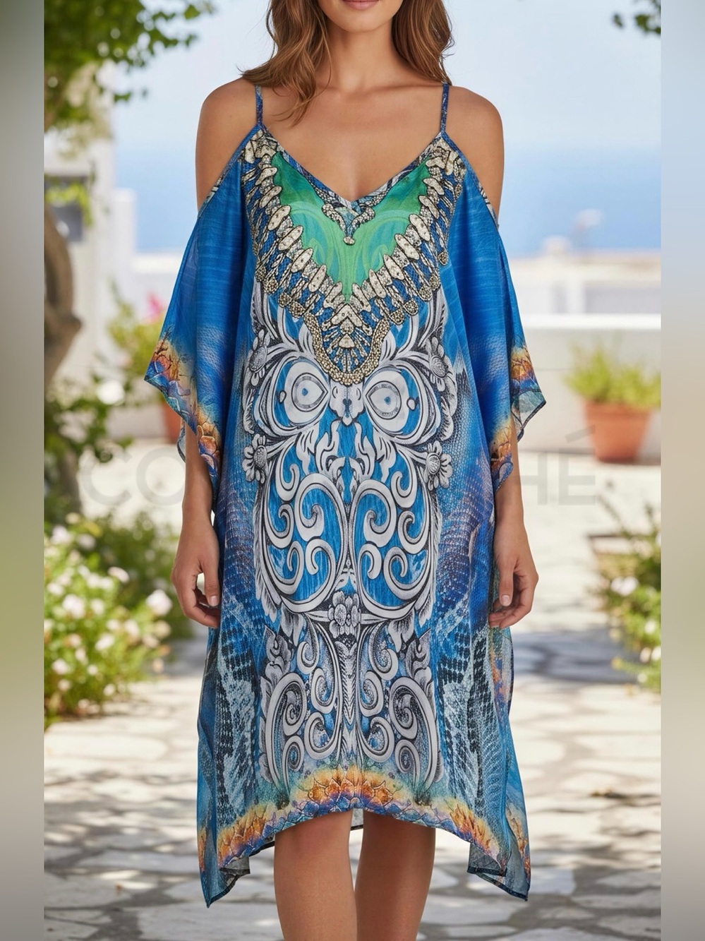 Classy Embellished Loose Fit Midi Cold Shoulder Cut Out Summer Dress Kaftan